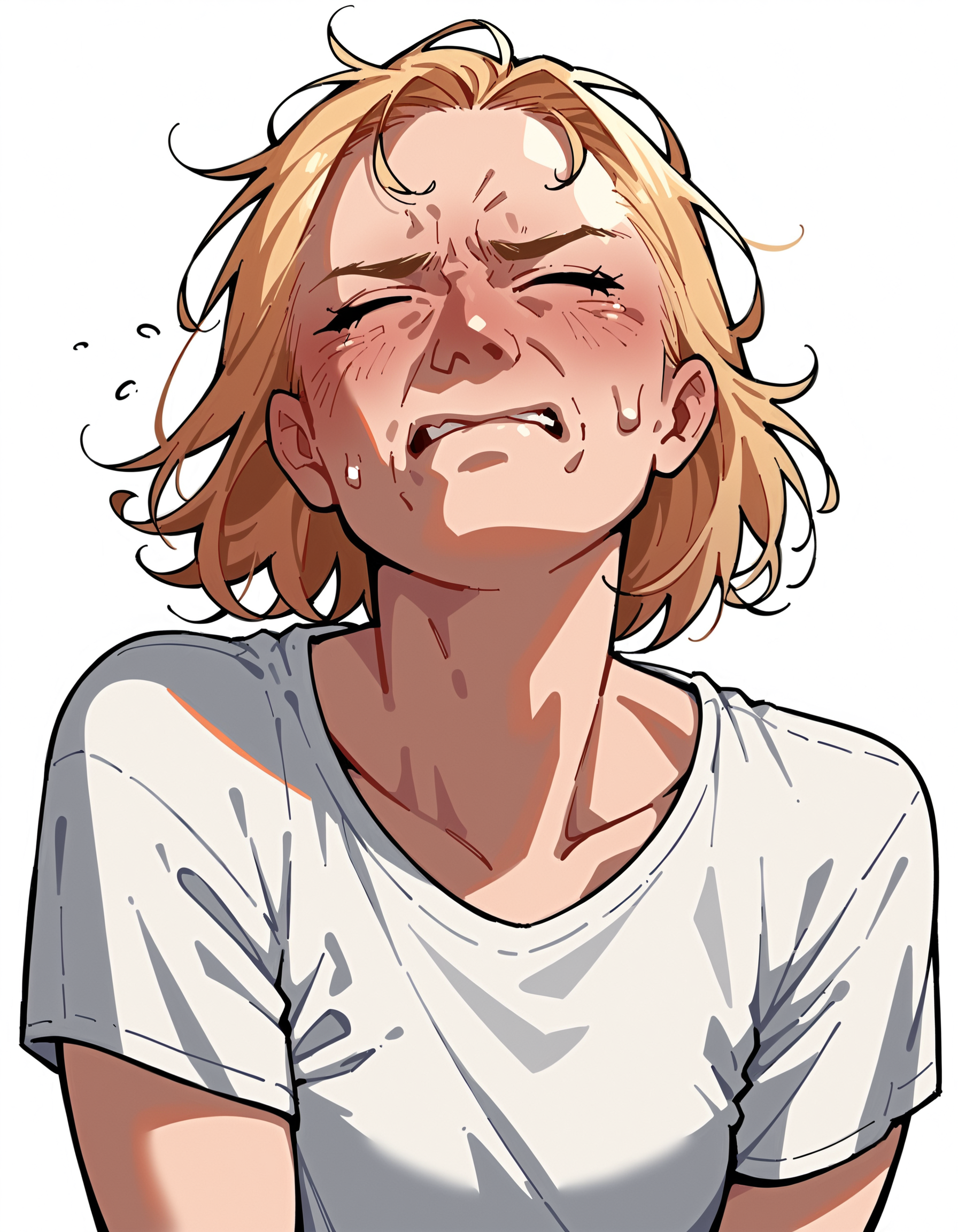score_9, score_8_up, score_7_up, score_6_up, score_5_up, score_4_up, 1girl, white background, lineart, source_anime, smooth outline, blonde hair, white shirt, pain, closed eyes,
