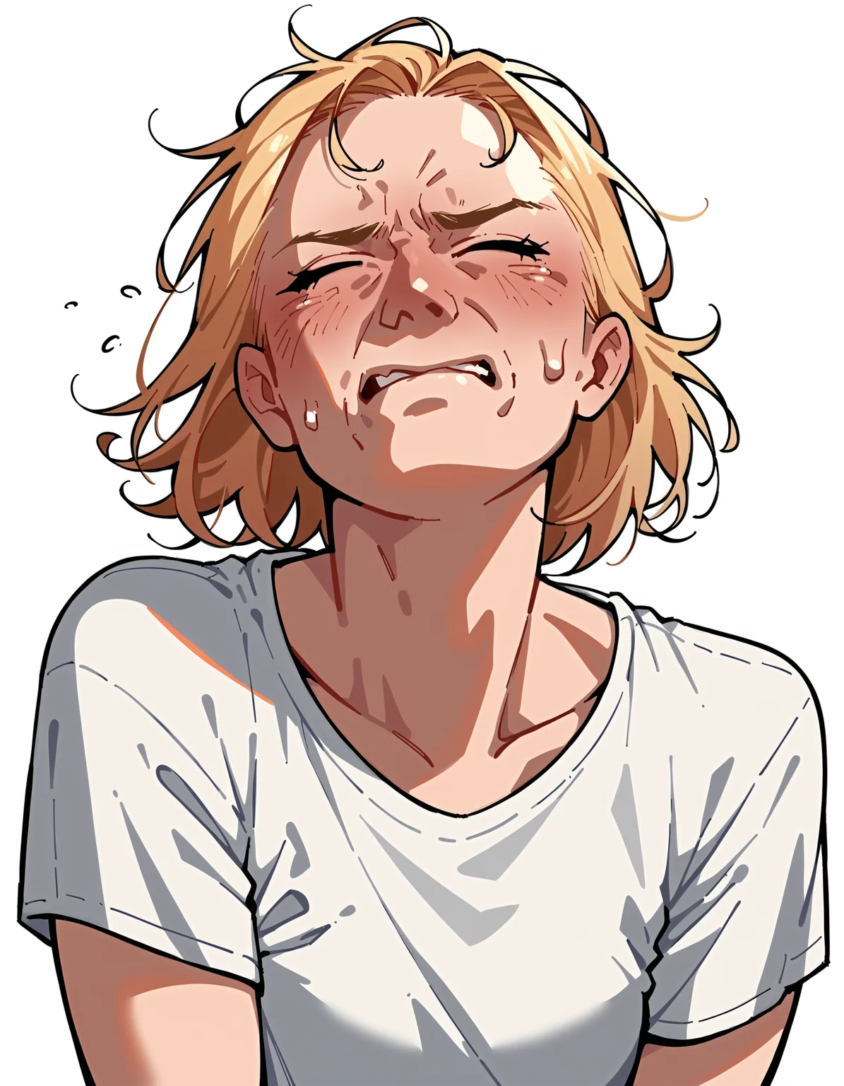 score_9, score_8_up, score_7_up, score_6_up, score_5_up, score_4_up, 1girl, white background, lineart, source_anime, smooth outline, blonde hair, white shirt, pain, closed eyes,