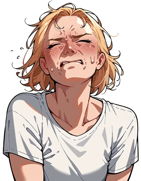 score_9, score_8_up, score_7_up, score_6_up, score_5_up, score_4_up, 1girl, white background, lineart, source_anime, smooth outline, blonde hair, white shirt, pain, closed eyes,