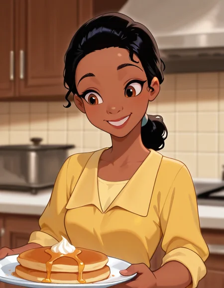 masterpiece, best quality, amazing quality, very aesthetic, absurdres, newest, detailed background, 4k, 8k, indoors, kitchen,
tianaxd, 1girl, dark skin, dark-skinned female, black hair, solo, food, smile, plate, brown eyes, holding, holding plate, cake, yellow shirt, blurry background, pancake
<lora:Tiana_-_Disney_Illustrious:1>