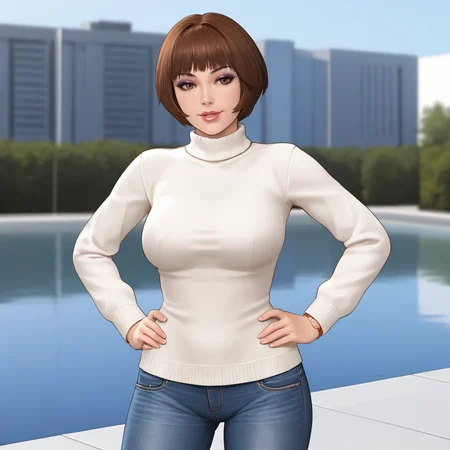 <lora:jessicaresidentevilrevelations_pony_v1:.8> JessicaFBC, 1girl, solo, large breasts, short hair, brown hair,  hands on hips, lipstick,eyeshadow, cowboy shot, sweater, jeans