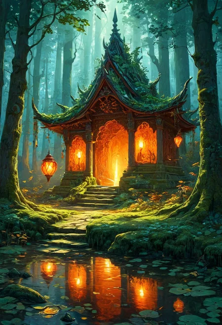 In a vast forest where autumn never ends, the trees are perpetually adorned with leaves in shades of red, orange, and gold. The ground is covered in soft, crunchy leaves, and the air is crisp with the scent of pine and wood smoke. In the heart of the forest, an ancient stone temple stands surrounded by towering oaks and weeping willows. The temple is covered in intricate carvings of mythical beasts and symbols of the forest gods. A stream winds through the forest, its waters shimmering with magic and its banks lined with mushrooms that glow in the twilight. In the trees, small winged creatures with glowing eyes dart between branches, and gentle deer with antlers of silver graze peacefully on the soft moss. The soft glow of lanterns hangs from the trees, casting a warm, inviting light. A group of druids walks along the forest path, their robes made of woven leaves and vines, as they perform a ritual to honor the spirit of the forest.