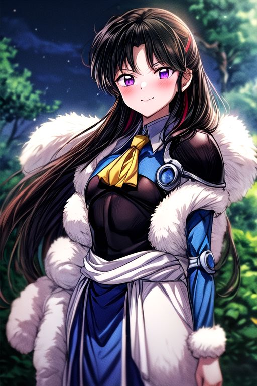 masterpiece,  best quality 1girl Setsun4 solo long hair,  (night time) forest background black hair very long hair purple eyes multicolored hair armor (fur trim) (medium body),<lora:EMS-179-EMS:0.800000>,<lora:EMS-293862-EMS:0.800000> bow, hair_bow, hair_tubes, red_bow, brown_hair, long_hair, bangs, ascot, frilled_bow, yellow_ascot, blush, smile, hair_between_eyes, athletic, armor