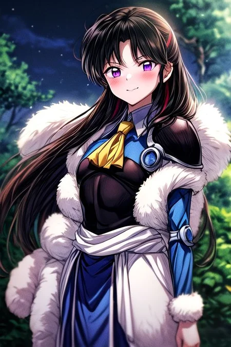 masterpiece, best quality 1girl Setsun4 solo long hair, (night time) forest background black hair very long hair purple eyes multicolored hair armor (fur trim) (medium body),<lora:EMS-179-EMS:0.800000>,<lora:EMS-293862-EMS:0.800000> bow, hair_bow, hair_tubes, red_bow, brown_hair, long_hair, bangs, ascot, frilled_bow, yellow_ascot, blush, smile, hair_between_eyes, athletic, armor