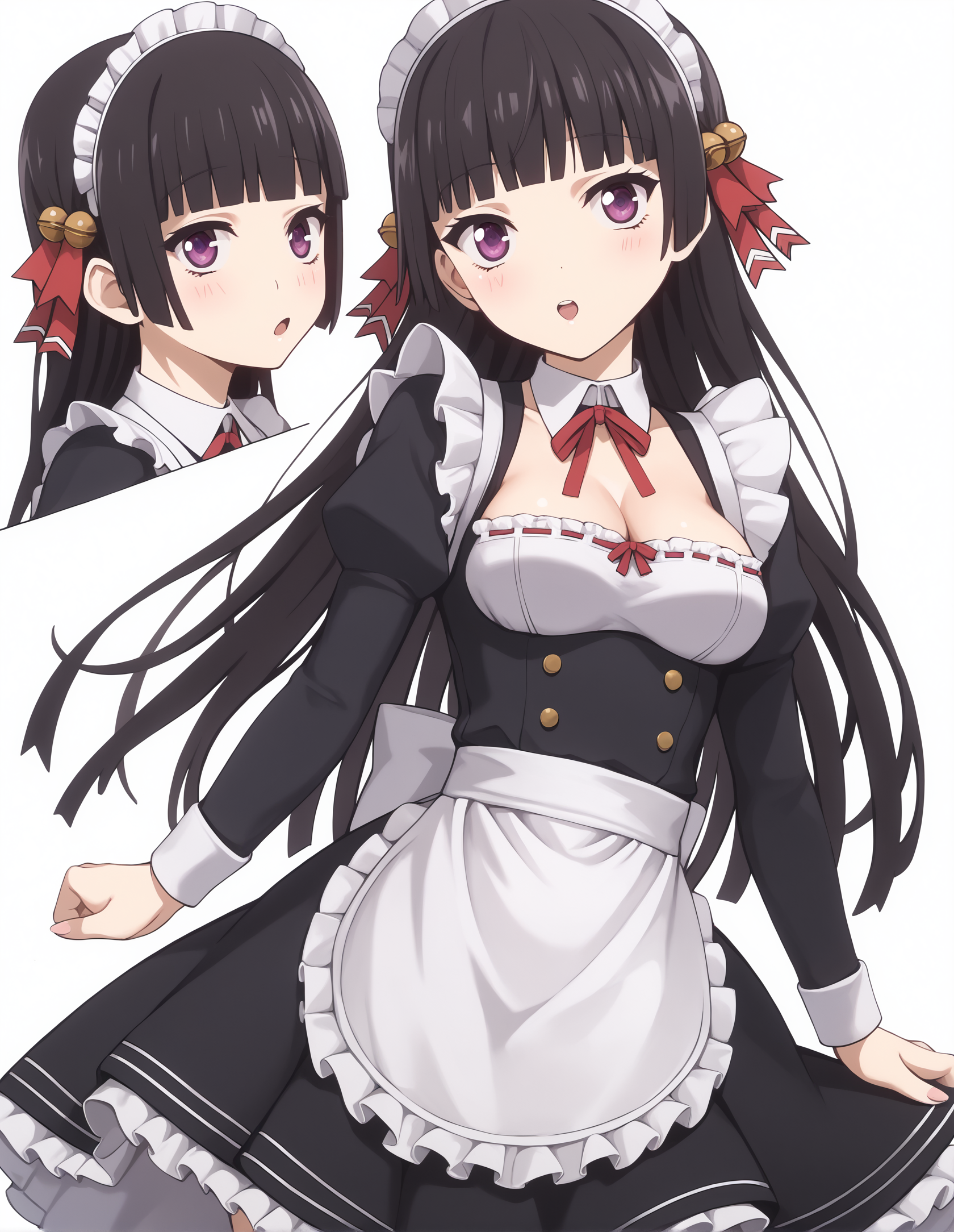 score_9, score_8_up, score_7_up, highres, hi res, best quality, masterpiece, 2d, intricate details, 4k,
1girl, solo, female, :<, open mouth, chestnut mouth, triangle mouth long hair, black hair, hair ornament, ribbon, purple eyes, hair ribbon, blunt bangs, bell, jingle bell, hair bell, hime cut, 
breasts, medium breasts, 
maid headdress, maid, maid apron, long sleeves, frilled skirt, frills, frilled dress, frilled sleeves, maid dress, cleavage, juliet sleeves, 
foreshortening, looking at viewer, cowboy shot, white background, <lora:Akiko1024_Pony:1>, himenokouji akiko, onii-chan dakedo ai sae areba kankeinai yo ne,