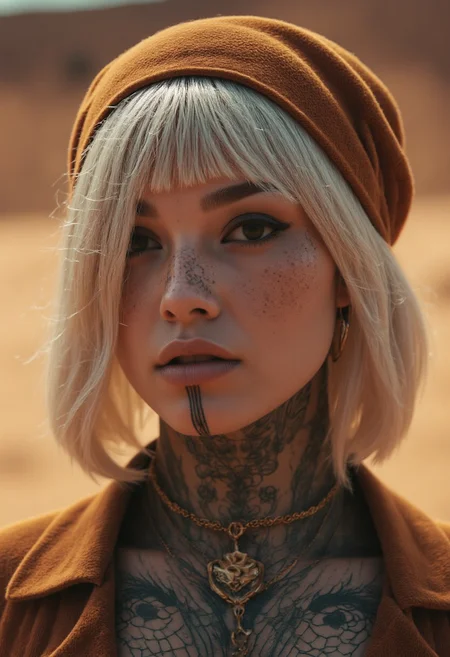 Roger-style, a closeup portrait of a tattooed white-haired snake woman with translucent, glossy snake scales on her skin, intricately detailed and visible on her face. she exudes an air of mystique with her emo/goth style. Her large eye makeup and dramatic eyeshadow emphasize her piercing gaze. Her white hair flows beneath a corduroy headband that shades her eyes. She wears a high-collar, outworn jacket, and her neck and face feature intricate tattoos, including a vibrant Nordic-inspired chin tattoo. The dusty desert backdrop glows with warm, volumetric backlight, highlighting the luminous texture of her scales and adding depth to the scene.