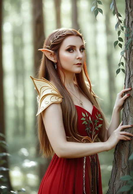depth of field, fantasy photoshoot, photo, professional photoshoot,
1girl, elf, pointy ears, themes of red and gold,
long hair, dress, jewelry, brown hair,
summer forest, branches in foreground, blurry foreground, trees in background,
realistic, blurry