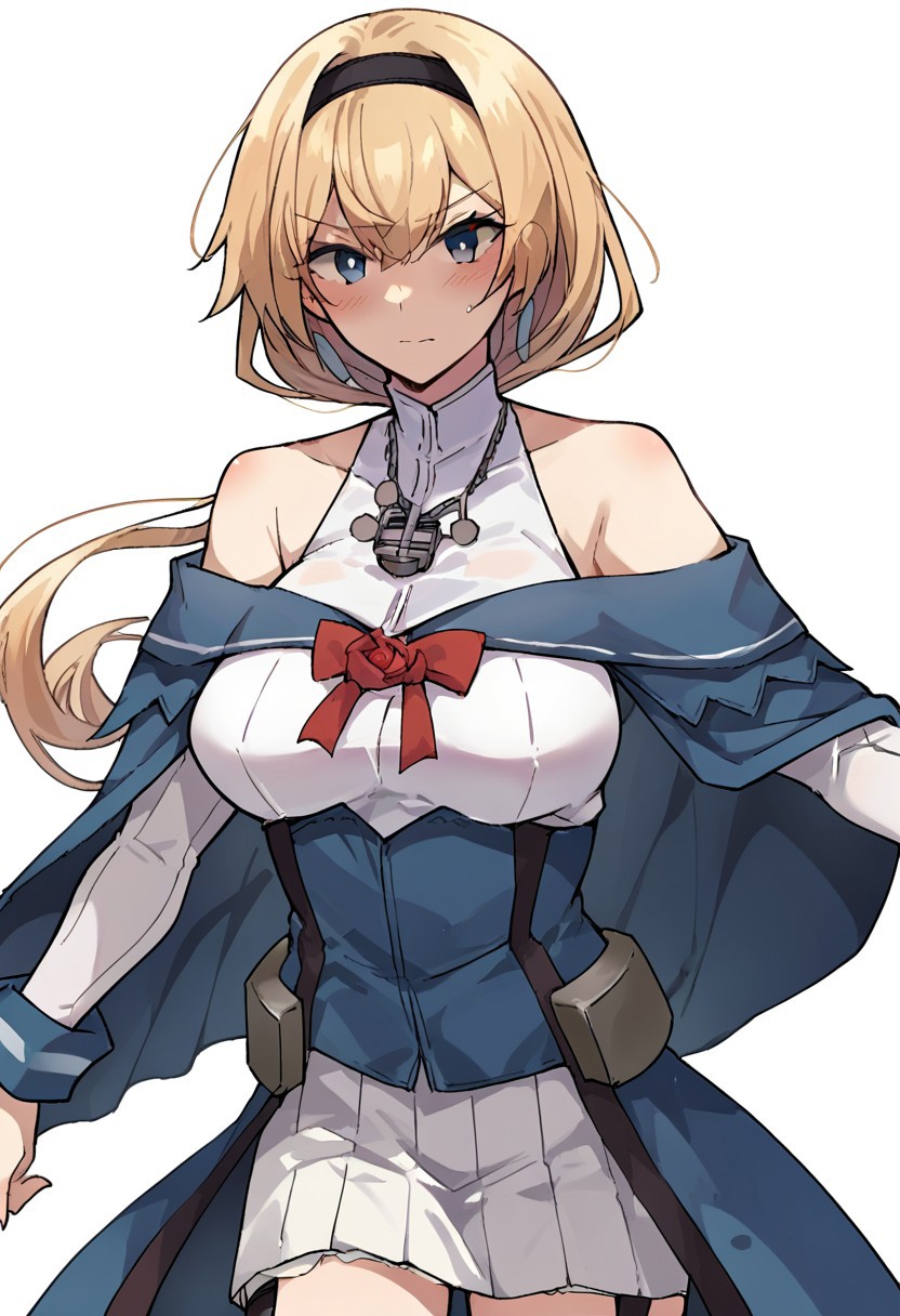 score_9, score_8, score_7, source_anime, valiant (kancolle), blush, bare shoulders, upper body, skirt, white skirt, garter straps, closed mouth, large breasts, ribbon
