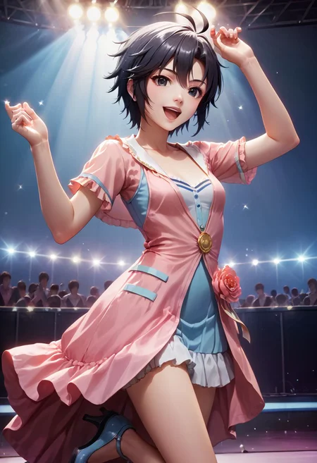 score_9,score_8_up,score_7_up,score_6_up,source_anime, <lora:Worldly_XL:1> (rock concert:1.6),
1girl, solo, full figure, dynamic pose, singing, dancing, <lora:KikuchiMakoto_pony_v1:0.9> kikuchi makoto, kkcmkt, short hair, black hair, antenna hair, hair between eyes, black eyes, flat chest, small breasts, (idol clothes, long legs:1.2), delicate strappy heels,
hands, <lora:detailed_hands:1.05>
<lora:HandFineTuning_XL:0.55>
<lora:loraeyesxl:0.65>
zPDXL, zPDXL-neg