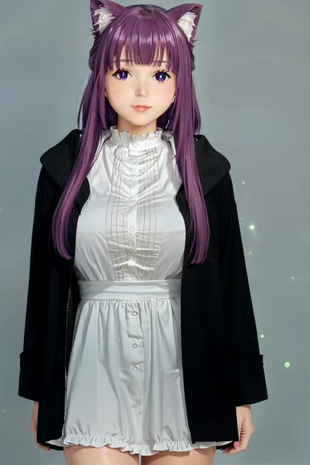 nekowaifu,<lora:nekowaifu.pony:1> <lora:SousouNoFrieren_FernXL:0.8> FernSSnF,purple hair, long hair, purple eyes, bright pupils, blunt bangs,large breasts,FernCasual, white dress, black robe, open clothes, hood, frilled collar, Score_9, Score_8_up, Score_7_up, Score_6_up, Score_5_up, Score_4_up, BREAK, in full growth, best quality, masterpiece, ultra-detailed, high quality,good quality(master piece,high resolution, ultra detailed,8K,16K),look at viewer