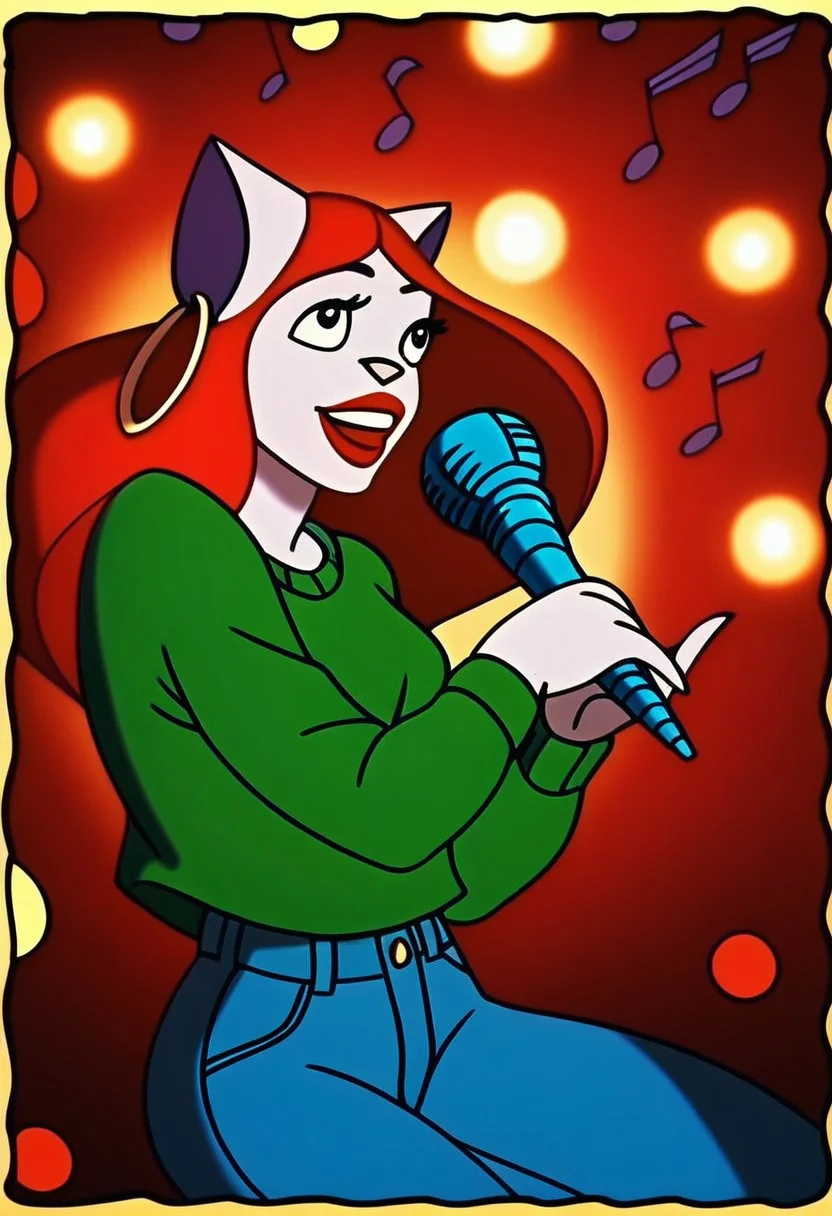 score_9, score_8_up, score_7_up, score_6_up, score_5_up, score_4_up, source_furry,detailed eyes, detailed face, (retro artstyle, 1990s \(style\), flat color, toon \(style\)),LizzyPXL,furry,furry female,cat girl,cat ears,animal ears,animal nose,open jacket, green sweater, jeans, singing, microphone, stage, spotlight, stage lights, detailed face, detailed eyes, detailed background
<lora:lizzy-v1:1>