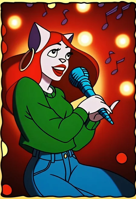 score_9, score_8_up, score_7_up, score_6_up, score_5_up, score_4_up, source_furry,detailed eyes, detailed face, (retro artstyle, 1990s \(style\), flat color, toon \(style\)),LizzyPXL,furry,furry female,cat girl,cat ears,animal ears,animal nose,open jacket, green sweater, jeans, singing, microphone, stage, spotlight, stage lights, detailed face, detailed eyes, detailed background
<lora:lizzy-v1:1>