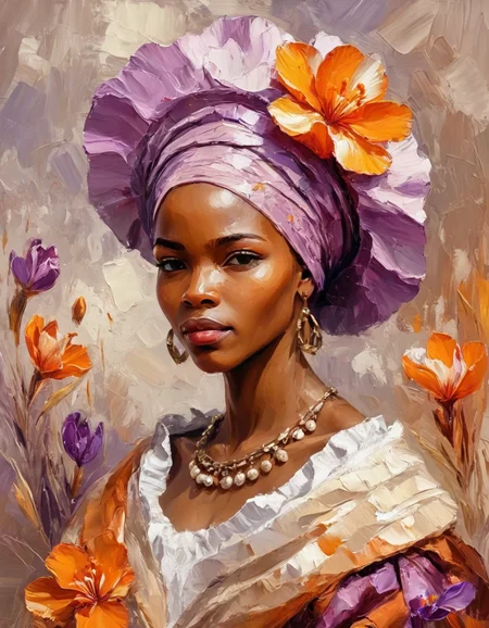 novuschroma25 style normal african woman wearing 17th century fashion wearing crocuses flowers as an impasto painting <lora:novuschroma25 style_light:1>