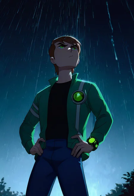 masterpiece, best quality, amazing quality, very aesthetic, absurdres, newest, detailed background,
solo, benuaf,  1boy, , open jacket, black shirt, long sleeves, thick eyebrows,  angry,, wide face, wide head, 
1boy, short hair,, brown hair, green jacket, blue pants, green eyes, green watch, 
glowing watch, night time, heavy rain, gloomy sky, super hero pose, from below, hands on hips, blowing jacket, flowing jacket, 
 re4lity_sync_illu, foreshortening, scenery, photo background, dim_lighting,hot_palette,soft light
