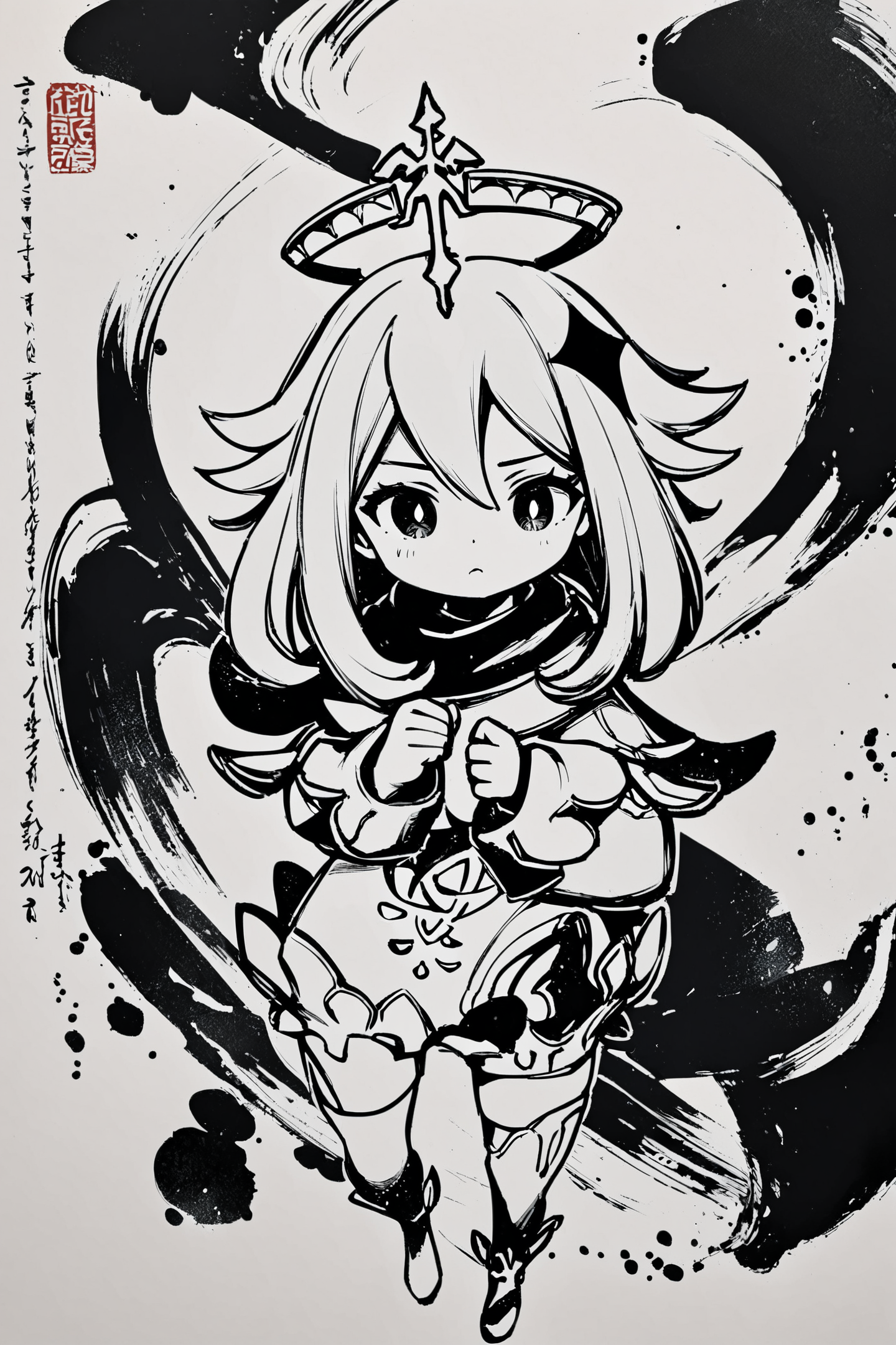 paimon \(genshin impact\),1girl,monochrome,greyscale,halo,solo,hair ornament,closed mouth,long sleeves,short hair,
<lora:okazu_XL:0.9>,