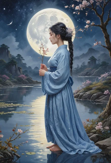 (WaterColour paint effect), -Hanama wine, 1girl, moon, long hair, solo, black hair, dress, branch, hair bun, flower, reflection, chinese clothes, hair ornament, jewelry, bird, earrings, full moon, water, white dress, holding flower, holding, long sleeves, closed eyes, single hair bun, ripples, sky, looking down, full body,anime, <lora:Paint_Effects_SDXL_-_By_DICE:0.7>score_9, score_8_up, score_7_up, 1girl, solo, long hair, breasts, looking at viewer, large breasts, dress, blue hair, standing, braid, thighs, japanese clothes, Happy Mother's Day to any mom who is no longer alive, style of Daniel Merriam, Josephine Wall, Catherine Abel.
Modifiers:
bokeh extremely detailed fantasy intricate 8k masterpiece very attractive beautiful award winning fantastic view hyperrealistic acrylic art magical complex deep color Bold colors warm light