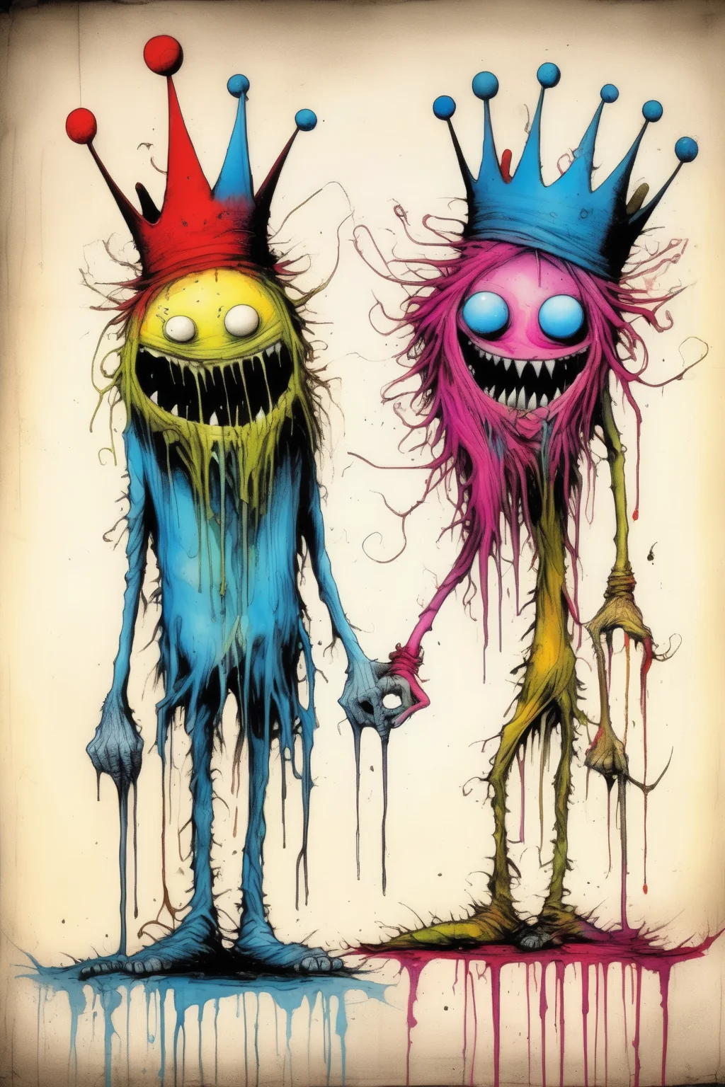 <lora:Alex Pardee Style:1>Alex Pardee Style - Create a visually intriguing and delightfully bizarre image in the unique and surreal style of Alex Pardee, portraying a king and queen who exude an awkward and eccentric charm. Visualize the king and queen with exaggerated features, unconventional proportions, and quirky expressions that showcase their peculiarities. Embrace Pardee's use of vibrant and contrasting colors to add depth and intensity to the image. Consider incorporating unconventional elements such as mismatched outfits, unusual accessories, or whimsical details that highlight their eccentricity. Let the image evoke a sense of intrigue, playfulness, and unpredictability, capturing the essence of this wonderfully awkward and strange royal couple in Alex Pardee's distinctive style. Enjoy the creative process as you bring this delightfully bizarre image to life.