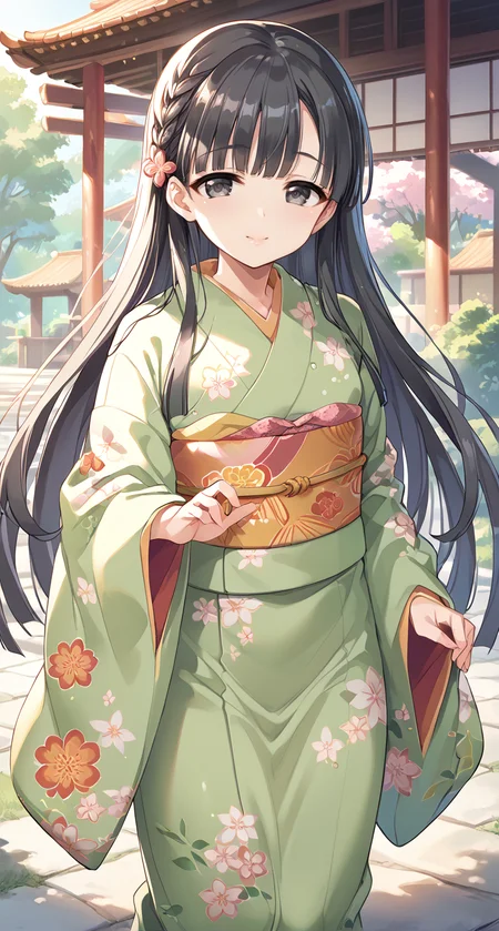 score_9,score_8_up,score_7_up,
official art,official style,game cg,megami magazine,
uncensored,
1girl,
kbykwse kimono,kobayakawa sae,black eyes,black hair,braid,eyebrows visible through hair,
japanese clothes,kimono,long hair,long sleeves,print kimono,shiny,shiny hair,wide sleeves,
flower,hair flower,hair ornament,highres,
bangs,blunt bangs,bow,
<lora:idolmaster_kobayakawa_sae_pony_v1:1>,