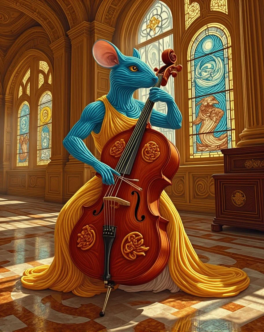 <lora:nule-flux-lora-E4.safetensors:1> nule style
In a grand, ethereal hall bathed in dramatic, high-contrast lighting, a striking blue, mouse-like character takes center stage. The character, a confident and elegant adult with vivid blue fur, stands with a commanding presence, playing a cello with a masterful touch. The fur glistens under the intense, focused light, creating sharp highlights and deep shadows that accentuate its form. The cello, a rich, dark mahogany, stands in stark contrast to the character's fur, adding a luxurious element to the scene.
The character is dressed in a bold, skin-baring outfit that radiates power and allure. The dress, a rich golden-orange, is adorned with intricate, embossed patterns of delicate flowers, each petal and stem meticulously detailed. The fabric is luxurious, with a soft, flowing texture that moves with the character's confident posture. The dress clings to the figure in all the right places, highlighting a strong, graceful form.
The hall is a spectacle of rich, vibrant colors. Large, ornate stained glass windows line the walls, casting a kaleidoscope of colors across the scene. The light is intense and dynamic, creating bold, dramatic shadows that add a sense of movement and energy. The windows depict fantastical scenes of mythical creatures and ancient symbols, adding a mystical and otherworldly touch.
The background is a blend of deep, rich tones and vibrant highlights, with the warm, golden light of the windows contrasting against the cool blue of the character's fur. The floor, a polished marble with intricate patterns, reflects the light, adding another layer of depth and richness to the scene.
This scene, with its bold and dramatic elements, is a perfect blend of fantasy and magical realism, ideal for elevating any living space or office decor with its dreamy elegance and commanding presence.