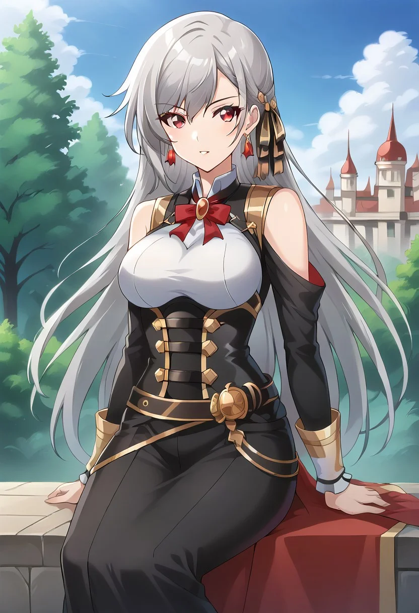 (masterpiece),inglis eucus, grey hair, red eyes, 1girl, jewelry, looking at viewer, belt, solo, outdoors, earrings, sitting,long hair