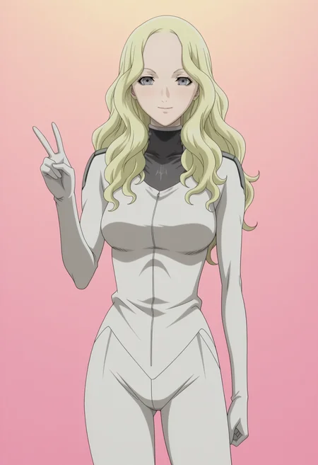 masterpiece, best quality, amazing quality, anime coloring, anime screencap, 1girl,  <lora:DX888TeresaIL:1> teresa, grey eyes, blonde hair, wavy hair, long hair, body suit,  light smile,  BREAK  pastel background, colorful  background pantyshot, victory pose,