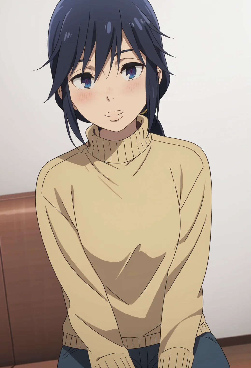 score_9, score_8_up, score_7_up, source_anime, BREAK white background, 1girl, solo, <lora:DX888Sachiko:1> fujinuma sachiko, mature female ,blue eyes, blue hair, low ponytail, turtleneck sweater, shy. blush, light smile, dutch angle, sitting,