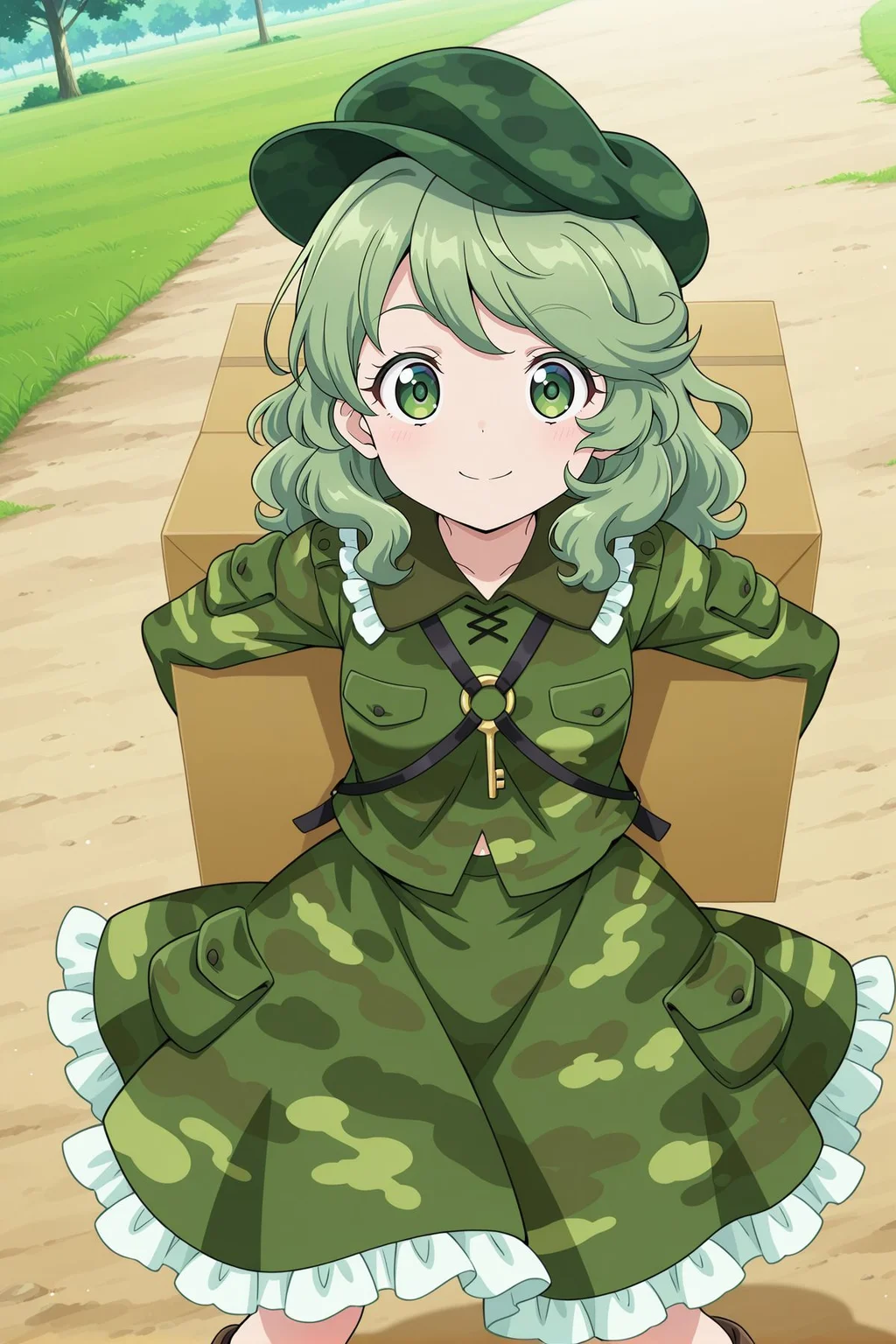 absurdres, highres, masterpiece, best quality, amazing quality, official anime artwork, screencap, anime screencap, outdoors, looking at viewer, light smile, dynamic pose, standing,
<lora:Takane-Yamashiro_Illustrious:1> yamashiro takane, 1girl, solo, green eyes, green hair, medium hair,, aqua hat, flat cap, key, green shirt, camouflage shirt, long sleeves, pocket, green skirt, camouflage skirt, frilled skirt, brown boots, shoulder strap, box,