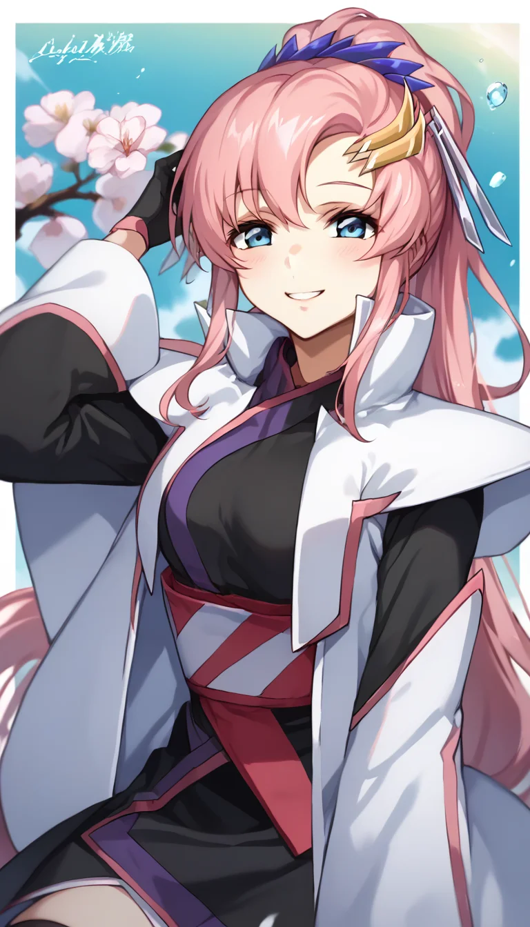 score_9,score_8_up,score_7_up,score_6_up BREAK official art,solo,outdoors,upper body,(portrait:1.5),looking at viewer,facing viewer,smile,blush,Lacus Clyne,very long hair,pink hair,ponytail,hair ornament,sidelocks,bangs,blue eyes,japanese clothes,white cape,black dress,red obi,long sleeves,wide sleeves,black gloves,medium breasts,zettai ryouiki,black thighhighs,boots,<lora:Lacus Clyne(msg seed)-Pony:1.8>,
