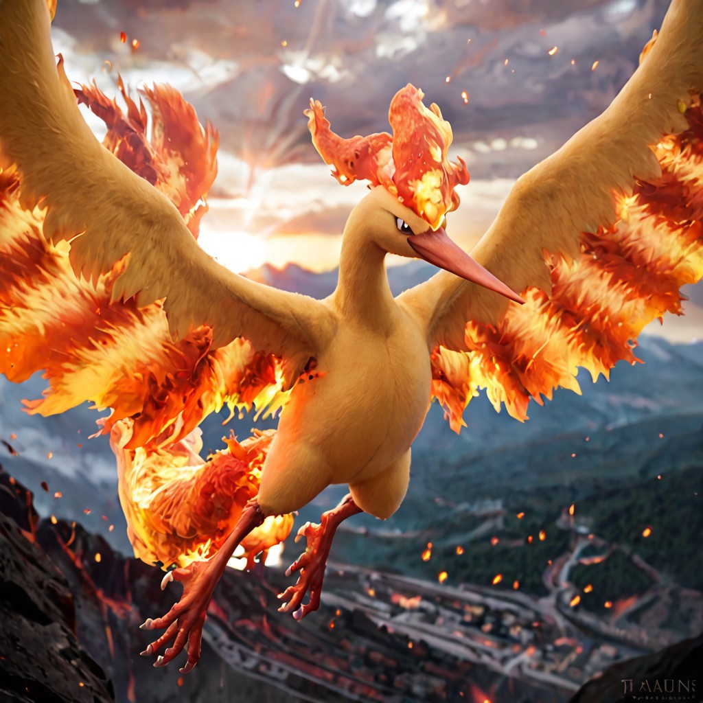 score_9, score_8_up, score_7_up, score_6_up, solo, moltres, pokemon (creature), feral, avian, bird, bipedal, orange body, orange feathers, body feathers, detailed feathers, realistic feathers, flaming feathers, fiery feathers, flames, talons, flaming tail feathers, fiery tail, flaming crest feathers, sharp beak, white sclera, large wings, wing arms, arm wings, flaming wings, flying, in air, embers in background, volcano, lava, sunlight, dynamic angle, cinematic, photorealistic, real life