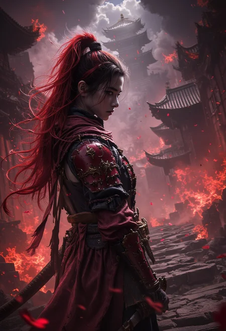 girl samurai, red armor details, fiery katana, toxic red hair, toxic red color in the entire composition associated with the samurai, everything else is gloomy and inversion in color, the background is a city in inversion color, night, dark atmosphere,