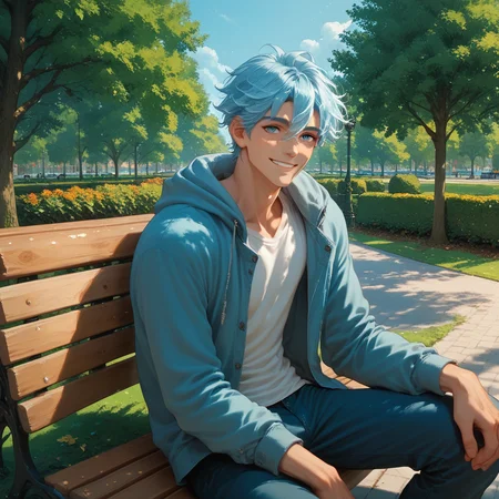 score_9, score_8_up, score_7_up, score_6_up, Soren Winterborne, 1boy, male focus, casual clothes, park, sitting on bench, smiling at viewer