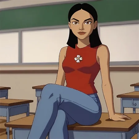 score_9, score_8, score_7, source anime, BREAK, solo, daisy_watkins, dark skin, black hair, brown eyes, sleeveless, shirt, pants, flower symbol, looking at viewer, sitting, classroom, crossed legs