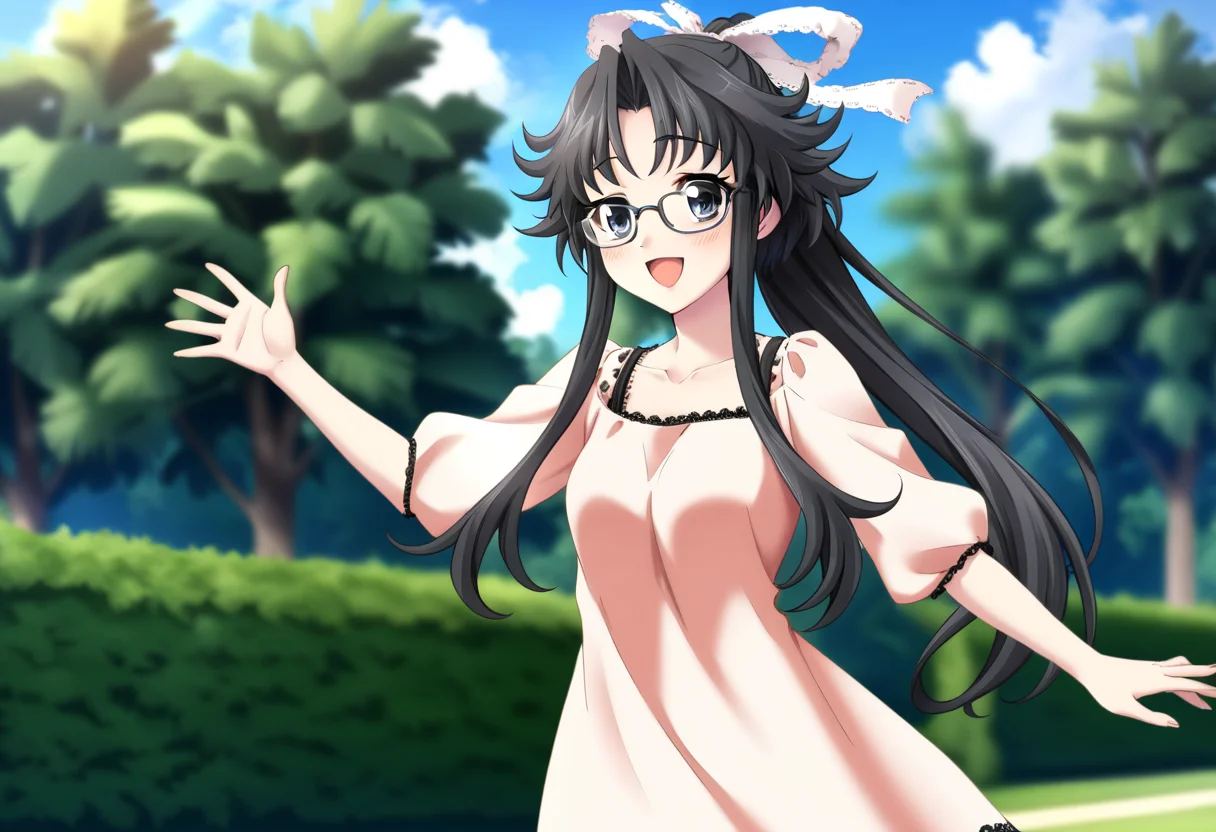tree, chisa\(memories off 6\), 1girl, solo, glasses, day, cloud, sky, smile, open mouth, outstretched arms, outdoors, palm tree, outstretched arm, :d, blue sky, ponytail, black long hair, black lace edge, peach shirt, spread arms, waving, bush, plant, blush, grass, black eyes, blurry, sidelocks, park, white hairribbon, collarbone, looking at viewer, masterpiece, best quality, very aesthetic, absurdres, <lora:chisa:1>