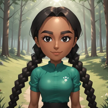 score_9, score_8, BREAK, solo, wii, mii, wii sports club, 1girl, female mii, black eyes, thick eyebrows, black hair, low braids, dark skin, dark skin female, smile, dark green clothing, black pants, shoes, cute, nintendo mii, modern_mii, classic_mii, breasts, laura_(\wii_sports_club\), sexy pose, self portrait, smile, outdoors, sunlight, shadows, evening lighting, natural lighting, forest, trees, grass, orange sky, sunset