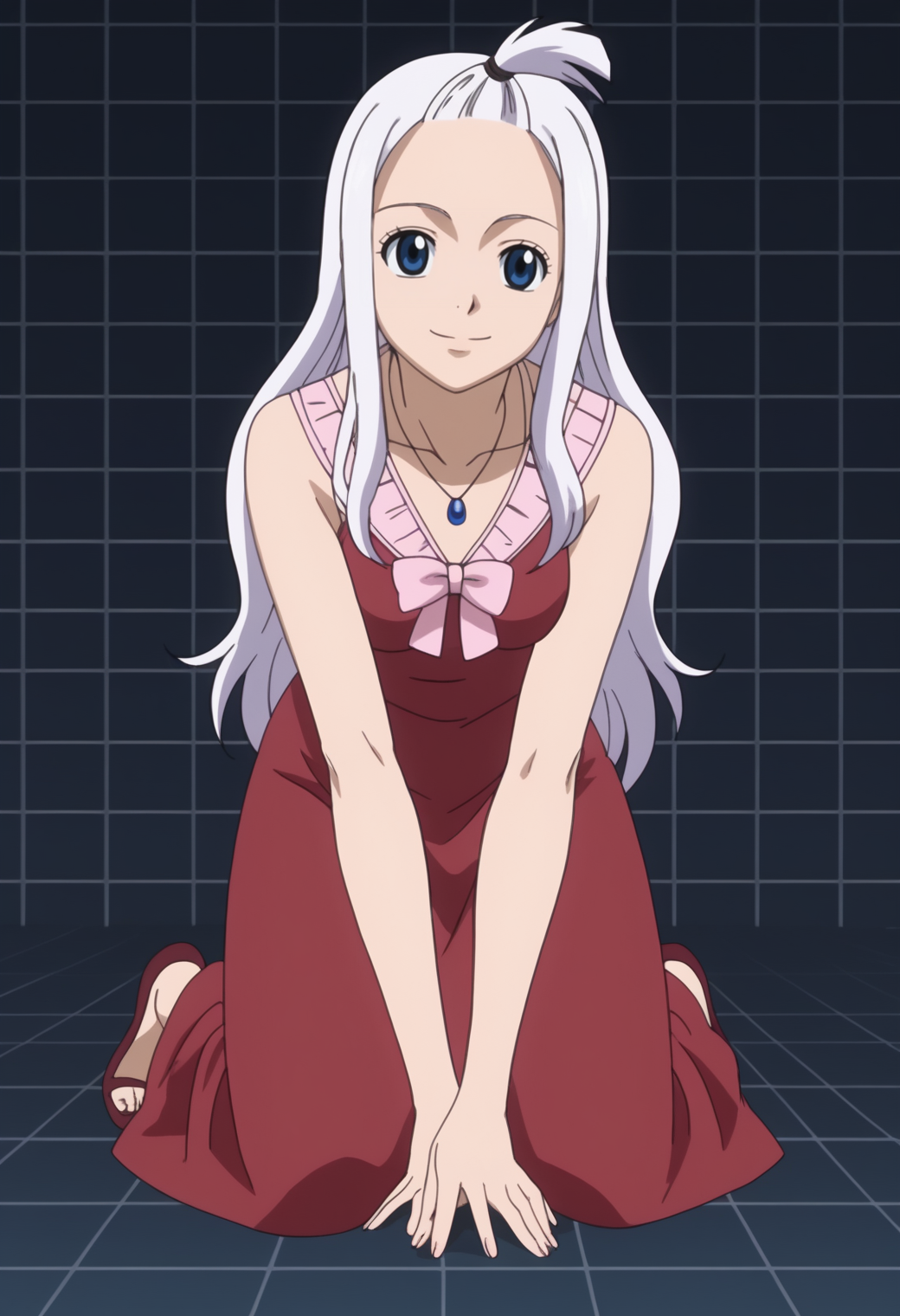 score_9, score_8_up, score_7_up,  BREAK, 1girl, solo,  anime screencap  BREAK<lora:DX888Mirajane:1>, mirajane strauss, white hair, blue eyes, dress, necklace,  light smile,BREAK  dark gray background, simple background, grid background, Sitting with legs extended and leaning forward to touch the toes