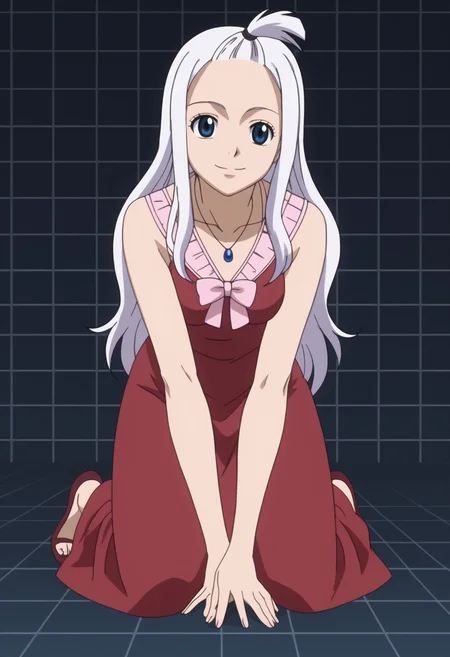 score_9, score_8_up, score_7_up, BREAK, 1girl, solo, anime screencap BREAK<lora:DX888Mirajane:1>, mirajane strauss, white hair, blue eyes, dress, necklace, light smile,BREAK dark gray background, simple background, grid background, Sitting with legs extended and leaning forward to touch the toes