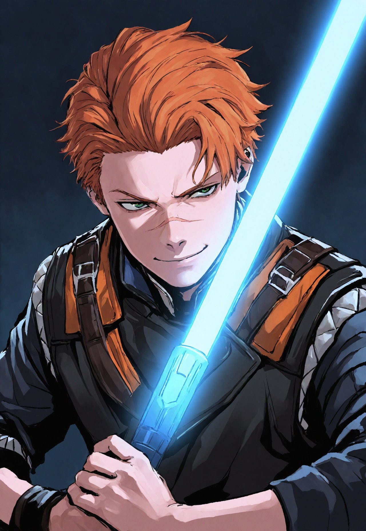 Smooth_Quality, masterpiece, best quality, amazing quality, very aesthetic, absurdres, newest, detailed background, kalKes, 1boy, solo, orange hair, short hair, green eyes, black jacket, padded shirt, vest, portrait, one hand holding lightsaber, blue lightsaber, fighting stance, scar on nose, smug