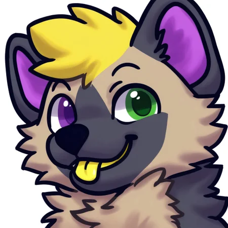 bullet-sona, heterochromia, purple eyes, green eyes, yellow hair, fur, furry, fluffy neck fur, fur, white background, yellow tongue, blep, smile, boring_e621_fluffyrock_v4