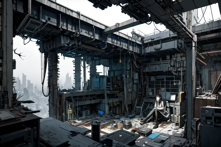 highly insanely detailed, masterpiece, top quality, best quality, highres, 4k, 8k, RAW photo, (very aesthetic, beautiful and aesthetic),  
tsutomu nihei,nihei_tsutomu,blame!,blame gakuen!,abara,TNstyle,sidonia_no_kishi,star \(sky\),starry sky,buildings,dome,machinery,ventilation fan,ventilation shaft,tentacles,drainpipe,wire,gauna,gauna mech,dark sky,black sky,air conditioner,bones,cables,tubes,industrial pipes,lantern,fence,letterboxed,clouds,mist,bridge,concrete walls,metal walls,light particles,walkway,toha heavy industries,vast scenery,perspective,blm,dystopia,destroyed,open space,decrepit,cyberpunk,no human,dark background,futuristic, 
<lora:blamev2:0.3>, 
(1girl:1.3), 
solo focus, 
The messy room filled with super cluttered plants and super cluttered books,âââ
