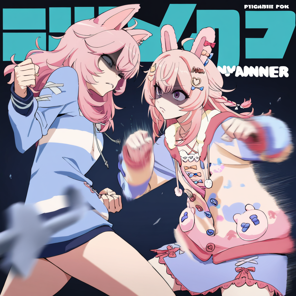 (very awa,masterpiece,best quality,year 2024,newest,highres,absurdres:1),
 ishii takamori, kotoyama, manga cover, duo focus, 2girls, pipkin pippa, (nyanners, nyatasha nyanners:1.3), shaded face, uneven eyes, frown, fighting, clenched fist, motion blur, dynamic pose