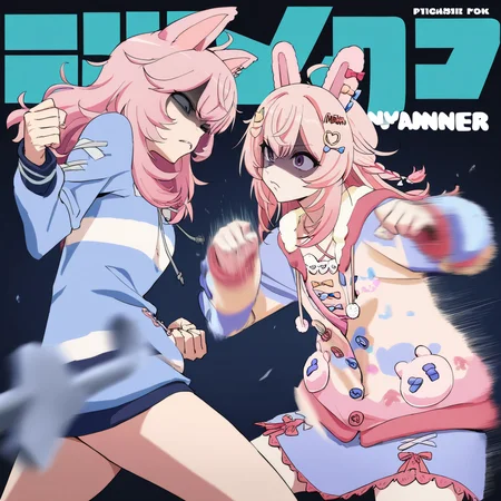 (very awa,masterpiece,best quality,year 2024,newest,highres,absurdres:1),
 ishii takamori, kotoyama, manga cover, duo focus, 2girls, pipkin pippa, (nyanners, nyatasha nyanners:1.3), shaded face, uneven eyes, frown, fighting, clenched fist, motion blur, dynamic pose