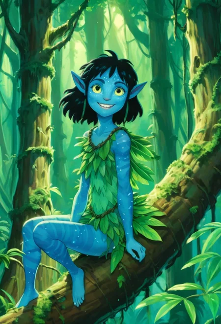 Studio Ghibli Style anime painting of a young female Avatar navi alien with blue skin, wearing leaf and bark armor, smiling and grinning while sitting on a tree branch in a bioluminescent jungle