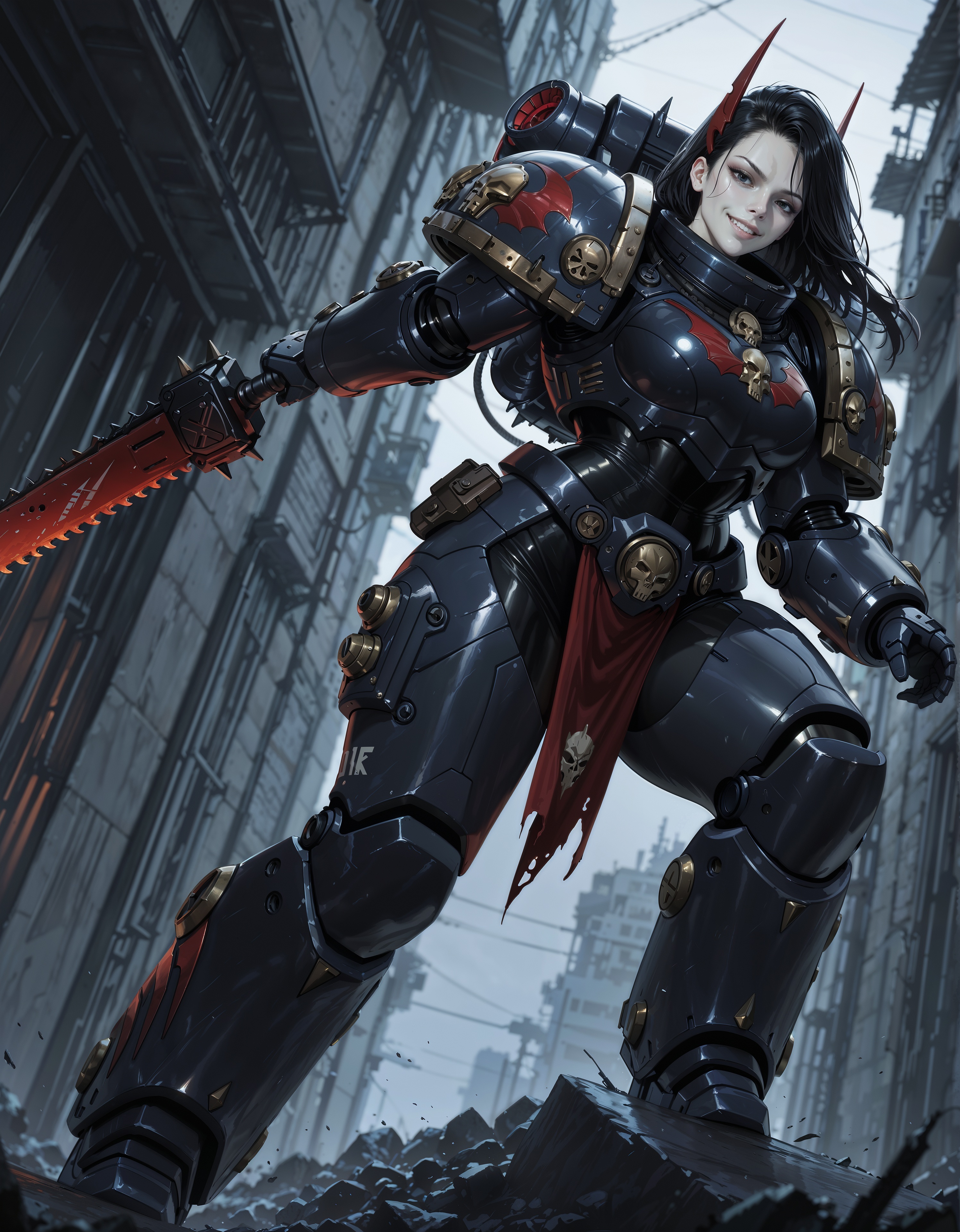masterpiece, best quality,high quality, newest, highres,8K,HDR,absurdres, dynamic angle, realistic, 1girl, NightL40K, power armor, black hair, pale skin, black eyes, evil smile, holding a chainsword  <lora:ILLNightL40K:1>