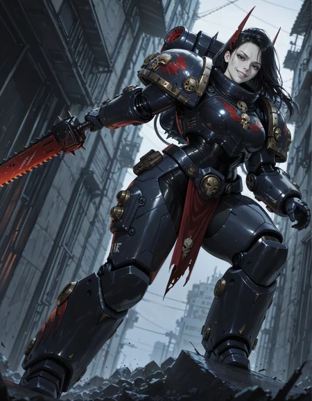 masterpiece, best quality,high quality, newest, highres,8K,HDR,absurdres, dynamic angle, realistic, 1girl, NightL40K, power armor, black hair, pale skin, black eyes, evil smile, holding a chainsword <lora:ILLNightL40K:1>