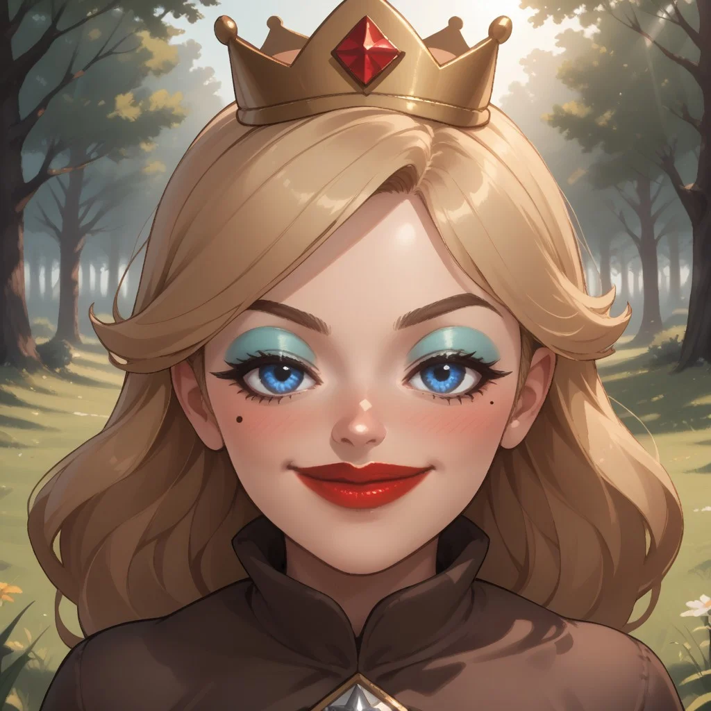 score_9, score_8, BREAK, solo, wii, mii, wii sports, 1girl, female mii, blonde hair, long hair, crown, blue eyes, makeup, blue eyeshadow, blush, mole under eye, red lips, lipstick, brown eyebrows, brown long dress, silver high heels, big breasts, nintendo mii, modern_mii, classic_mii, Empress_Alisha_(OC_Mii), cute, attractive, sexy pose, self portrait, smile, outdoors, sunlight, shadows, evening lighting, natural lighting, forest, trees, grass, orange sky, sunset