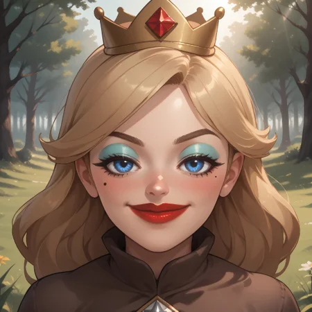 score_9, score_8, BREAK, solo, wii, mii, wii sports, 1girl, female mii, blonde hair, long hair, crown, blue eyes, makeup, blue eyeshadow, blush, mole under eye, red lips, lipstick, brown eyebrows, brown long dress, silver high heels, big breasts, nintendo mii, modern_mii, classic_mii, Empress_Alisha_(OC_Mii), cute, attractive, sexy pose, self portrait, smile, outdoors, sunlight, shadows, evening lighting, natural lighting, forest, trees, grass, orange sky, sunset
