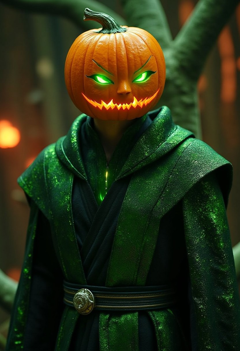 The mysterious and ethereal Pumpkin Man has a pumpkin face and a pair of sharp green eyes that radiate wisdom. He is a pumpkin-incarnated man with a mysterious expression and a neatly trimmed beard. He wears a robe from the Star Wars movie with a glowing dark green luxurious pattern, full of shining mystery.