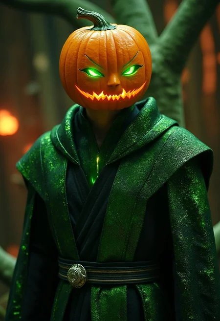 The mysterious and ethereal Pumpkin Man has a pumpkin face and a pair of sharp green eyes that radiate wisdom. He is a pumpkin-incarnated man with a mysterious expression and a neatly trimmed beard. He wears a robe from the Star Wars movie with a glowing dark green luxurious pattern, full of shining mystery.