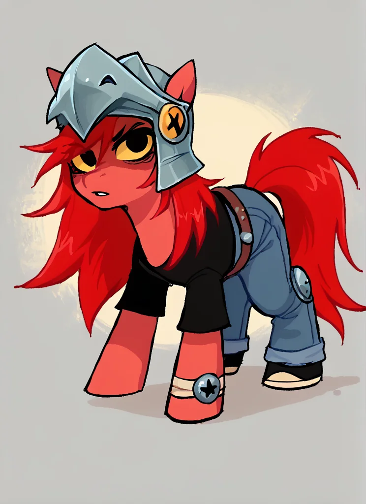 score_9, score_8_up, score_7_up, BREAK, <lora:bsdraco:1>bsdraco , 1boy, helmet, horns, black eyes , yellow sclera, red hair , long hair, black shirt, belt , jeans, helmet, solo ,long hair, arm armor, shoulder spikes , knee pads, <lora:SyrupyyyArt:1>syrupyyy ( , pony , horse girl, , pony female:1.1) all fours, shaded face, looking at viewer,