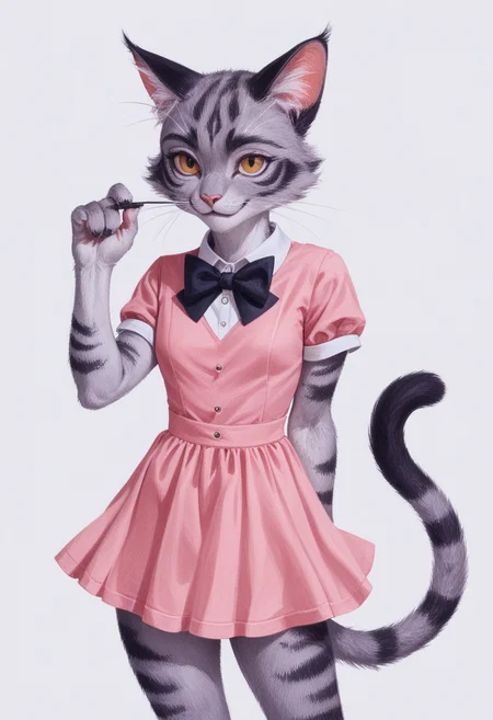 score_9, score_8_up, score_7_up, score_6_up, score_5_up, score_4_up, source_furry, sharp focus, high contrast, artistic
(pencil drawing, ballpoint pen drawing \(style\):1.4)
BREAK
1girl, solo, looking at viewer, confident smile, short sleeves, small dress, closed mouth, standing, tail, hand up, bowtie, pink dress, furry, cat girl, furry female
<lora:Blue_2:1>